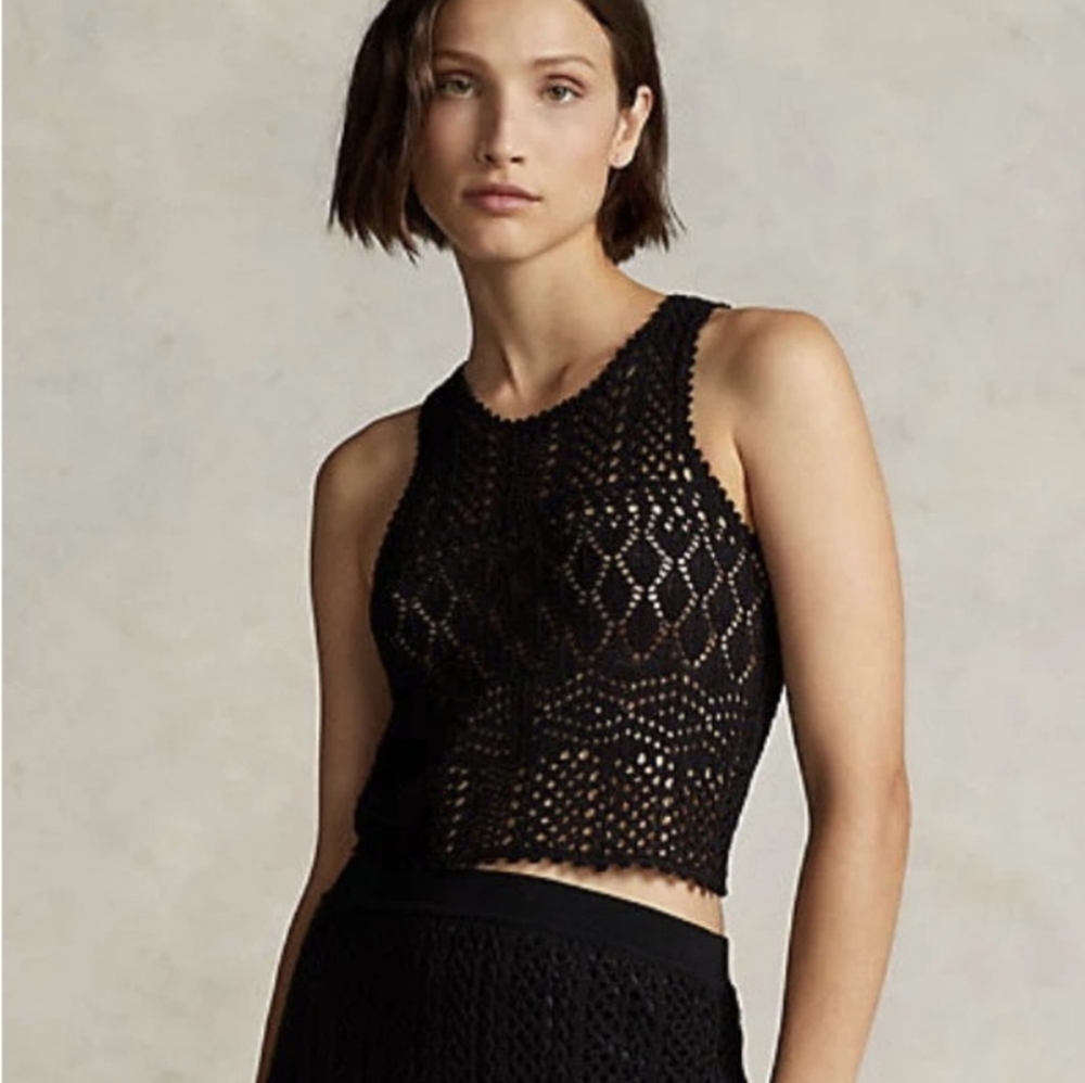 NWT Polo by Ralph Lauren Pointelle-Knit Black Crochet Sleeveless Tank Top Size M